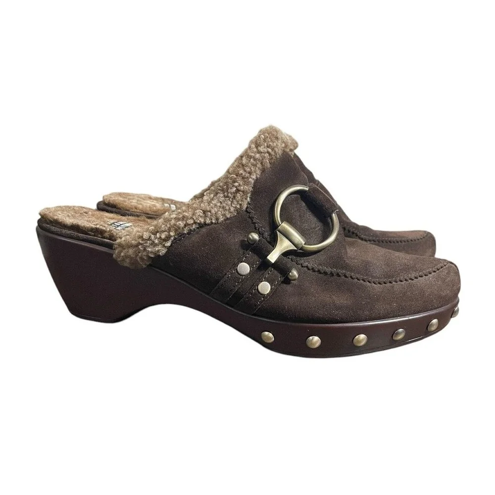 Stuart Weitzman Clogs Mule Brown Suede Sherpa Lined‎ Platform 9 Boho